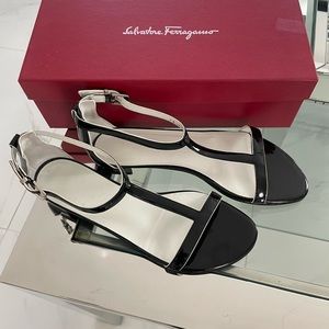 Salvatore Ferragamo black and white patent calf.